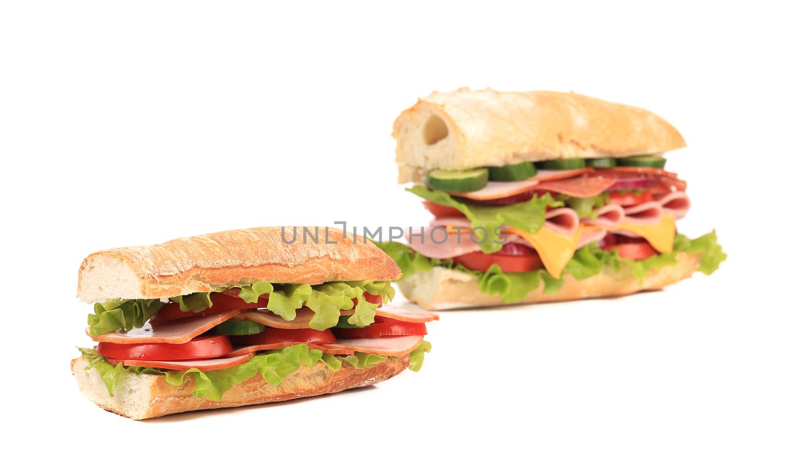 Two appetizing sandwiches with cheese. Isolated on a white background.