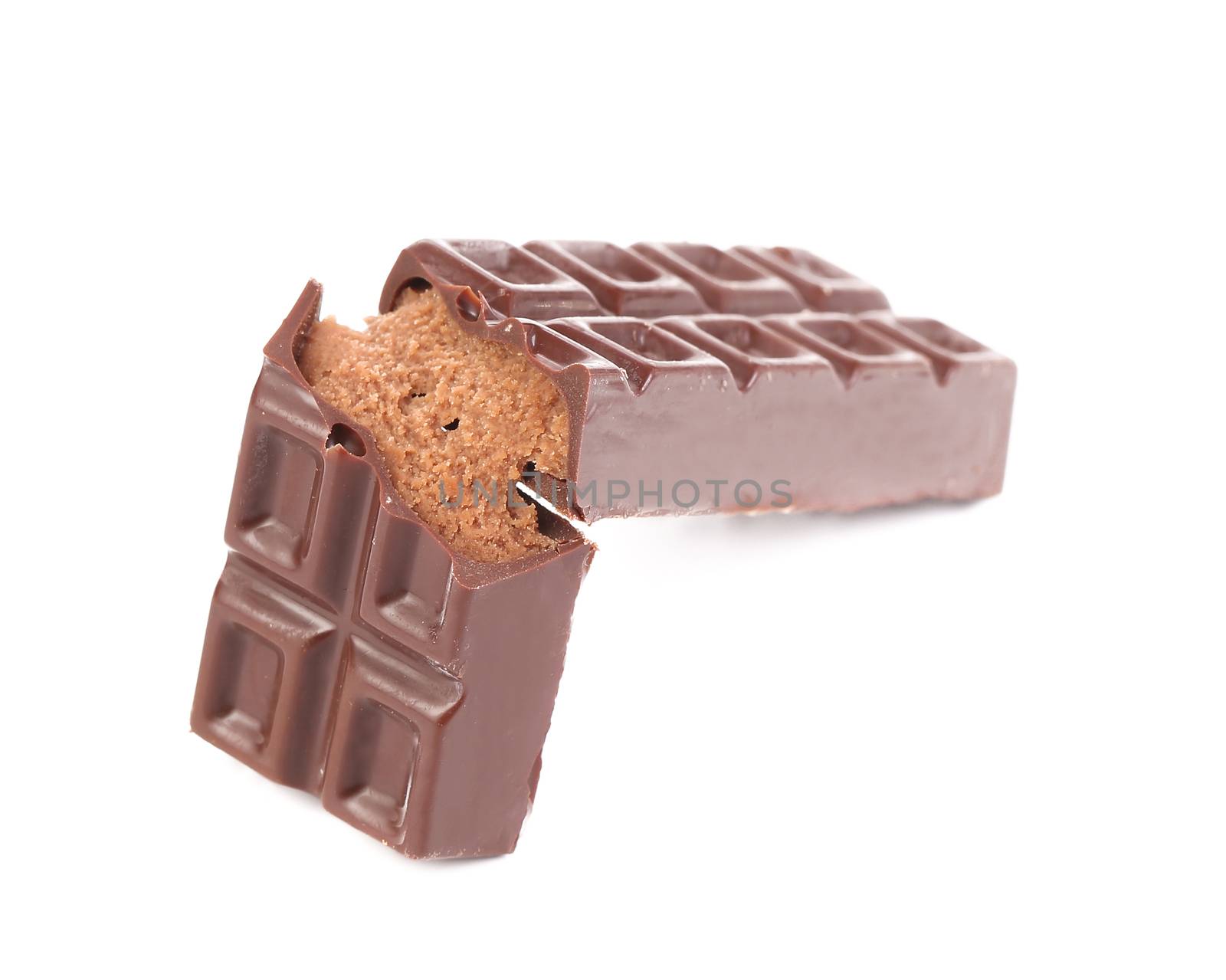 Chocolate bar broken. Isolated on a white background.