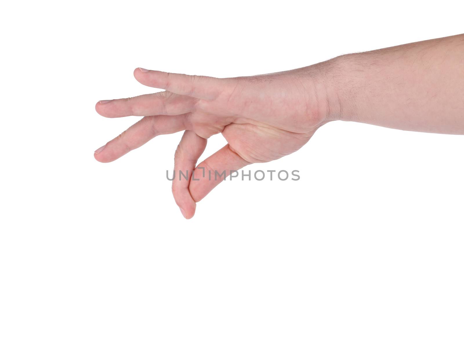 Male hand holding something. Isolated on a white background.
