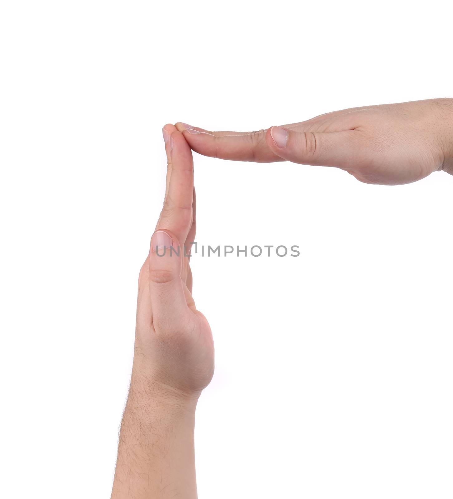 Male hands in the form of right angle. Isolated on a white background.