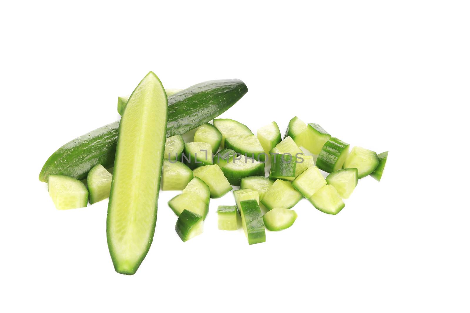 Sliced tasty cucumber. Isolated on a white background.