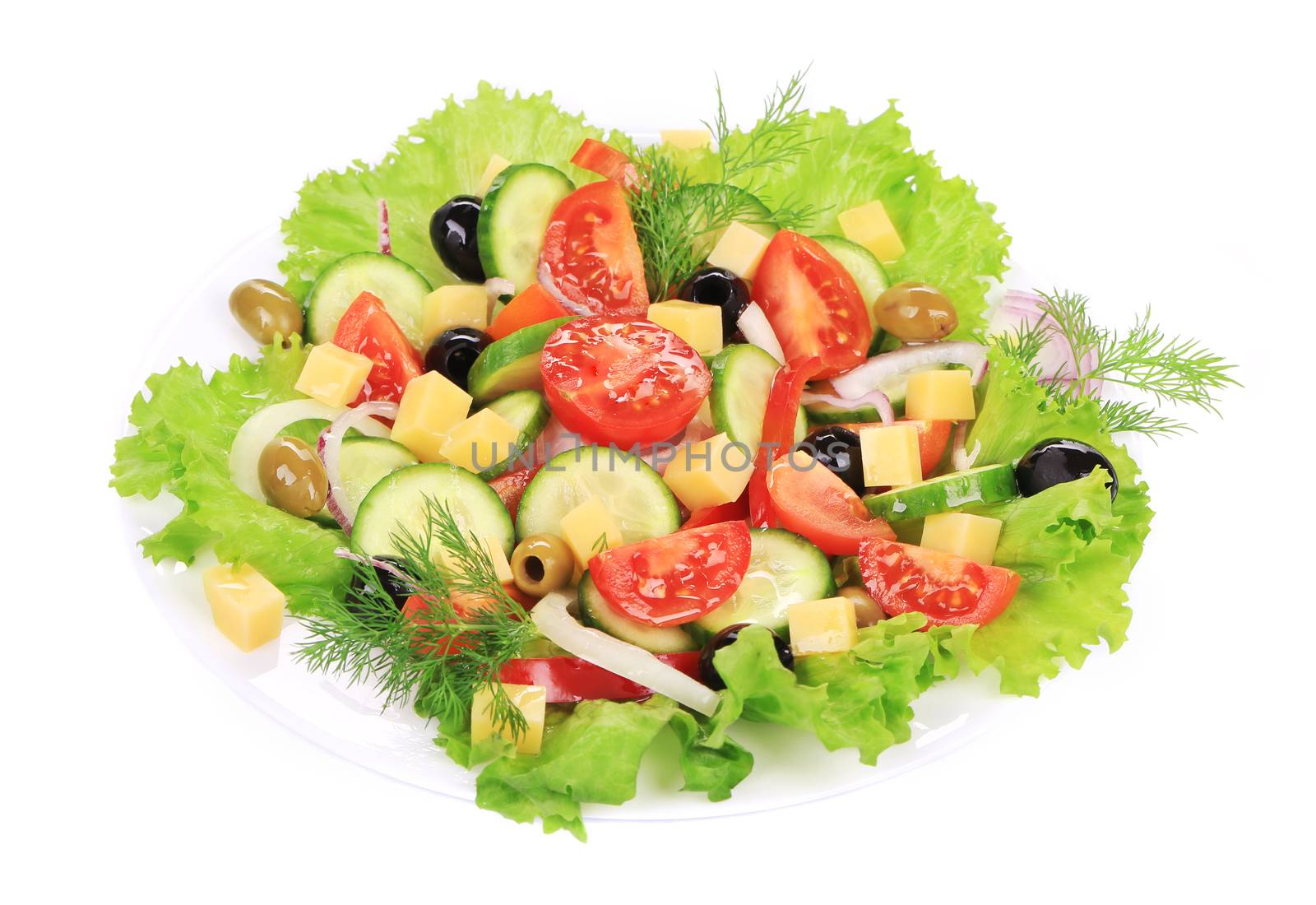 Greek salad with cheese. Isolated on a white background.