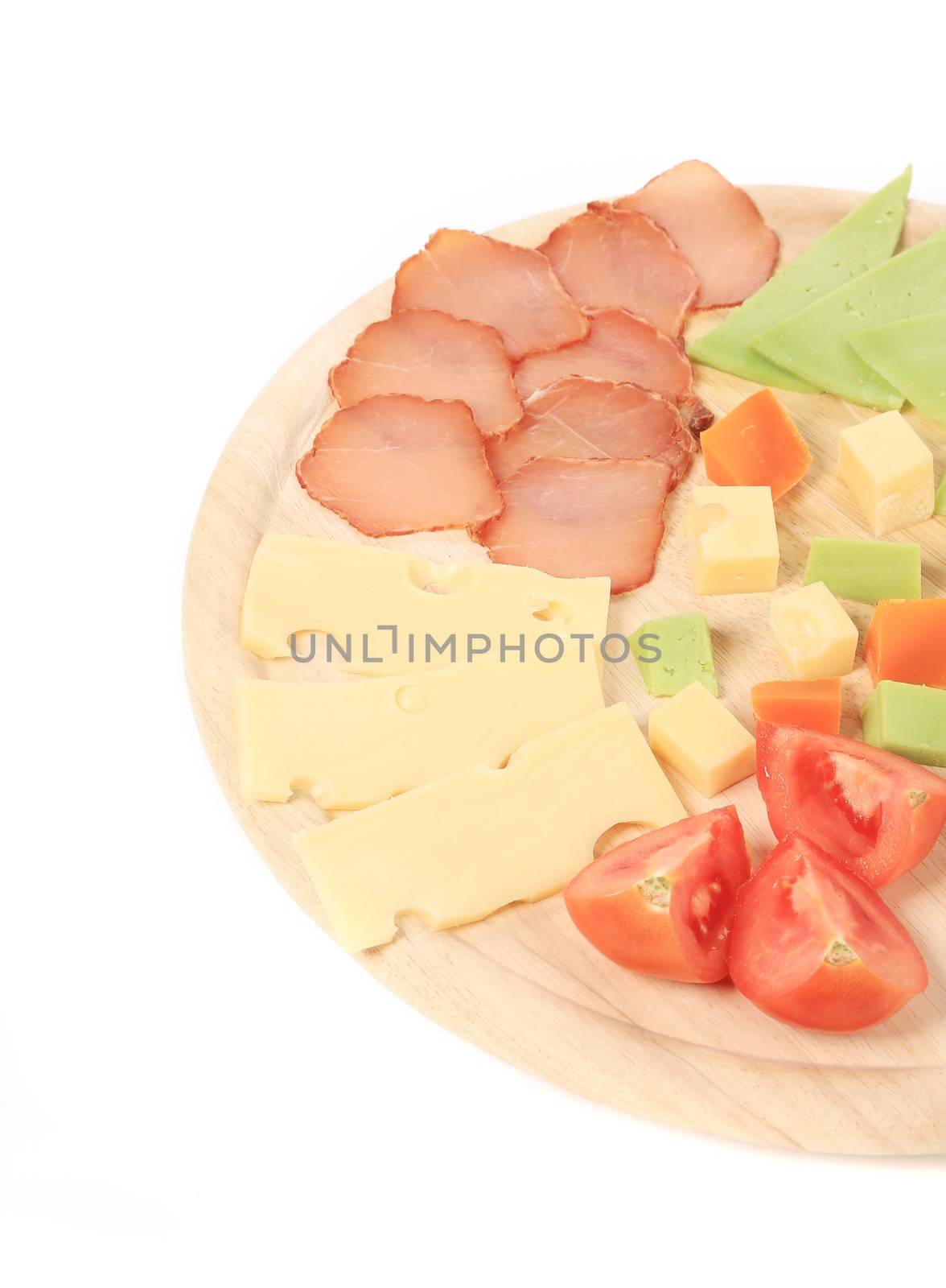 Meat and cheese plate. Isolated on a white background.