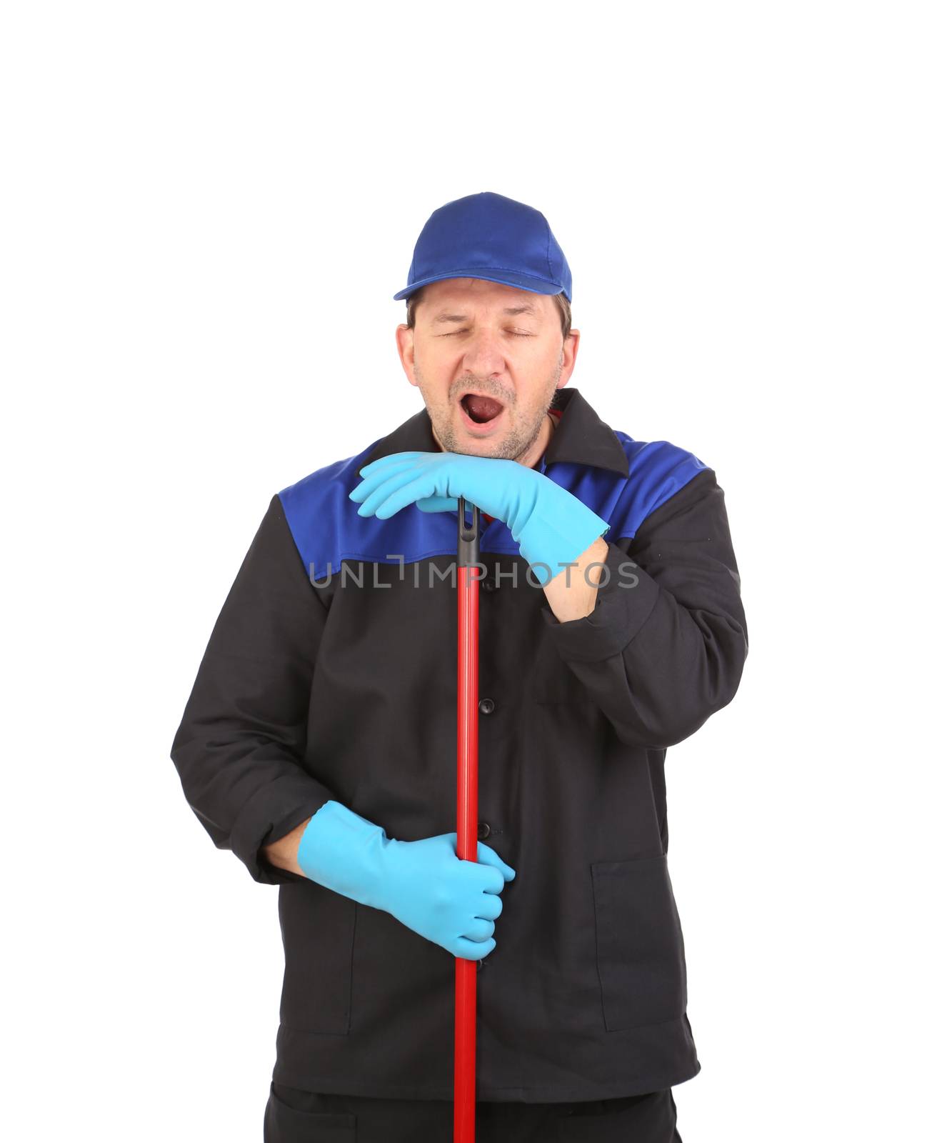 Tired cleaner with mop. Isolated on a white background.