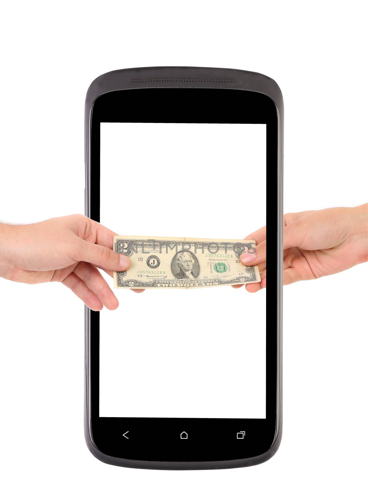 Mobile phone and two dollar bill. Isolated on a white background.