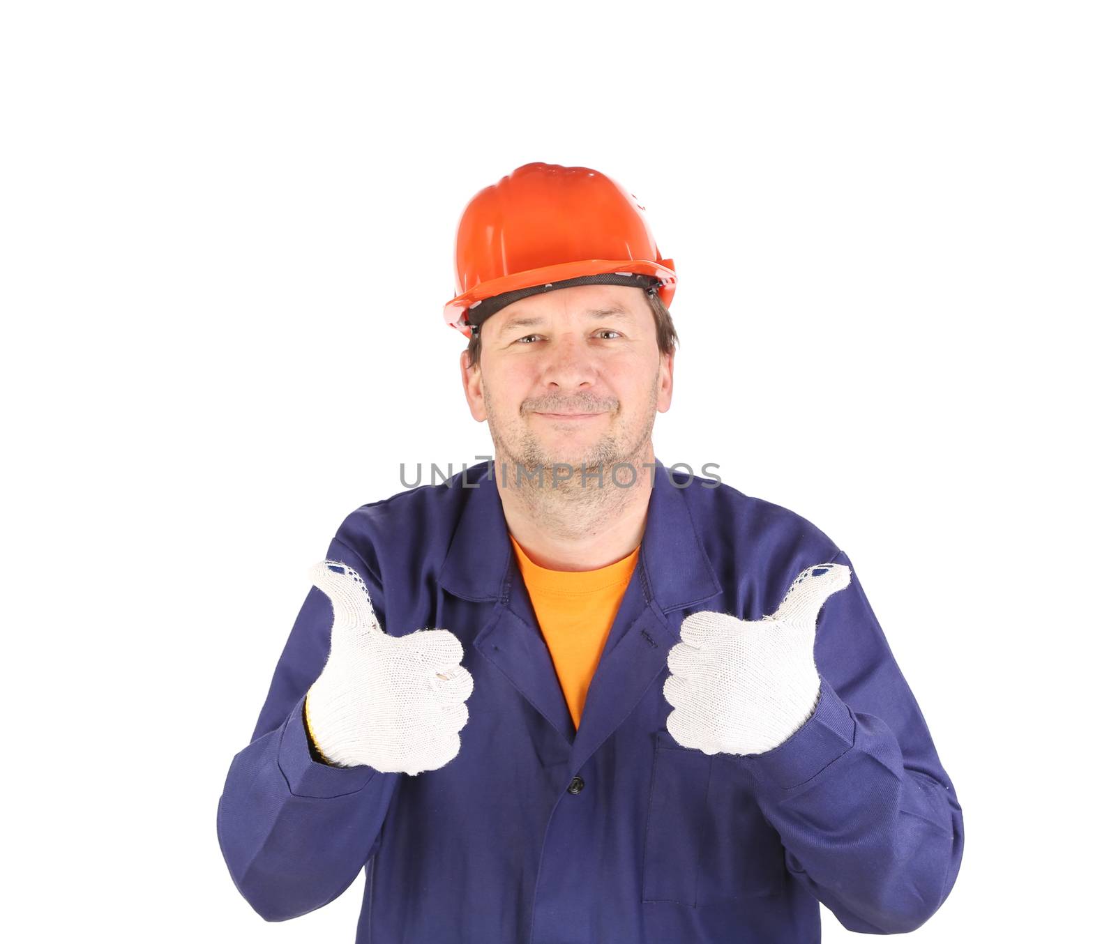 Worker in uniform showing okay sign. Isolated on a white background.