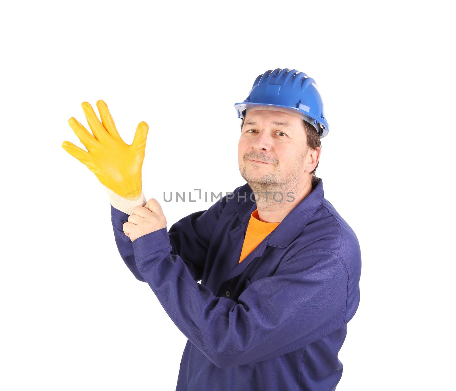 Worker put on the glove. Isolated on a white background.