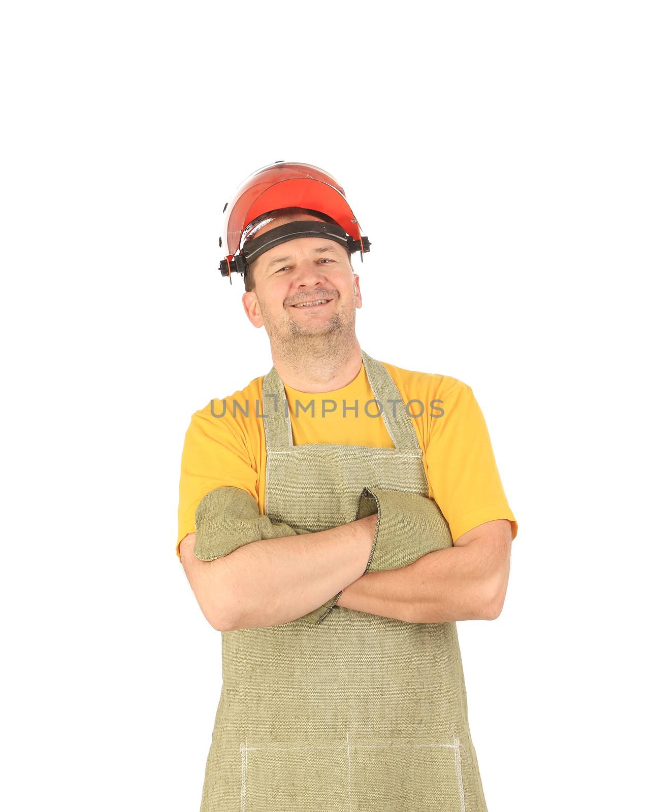 Smiling welder in apron. Isolated on a white background.