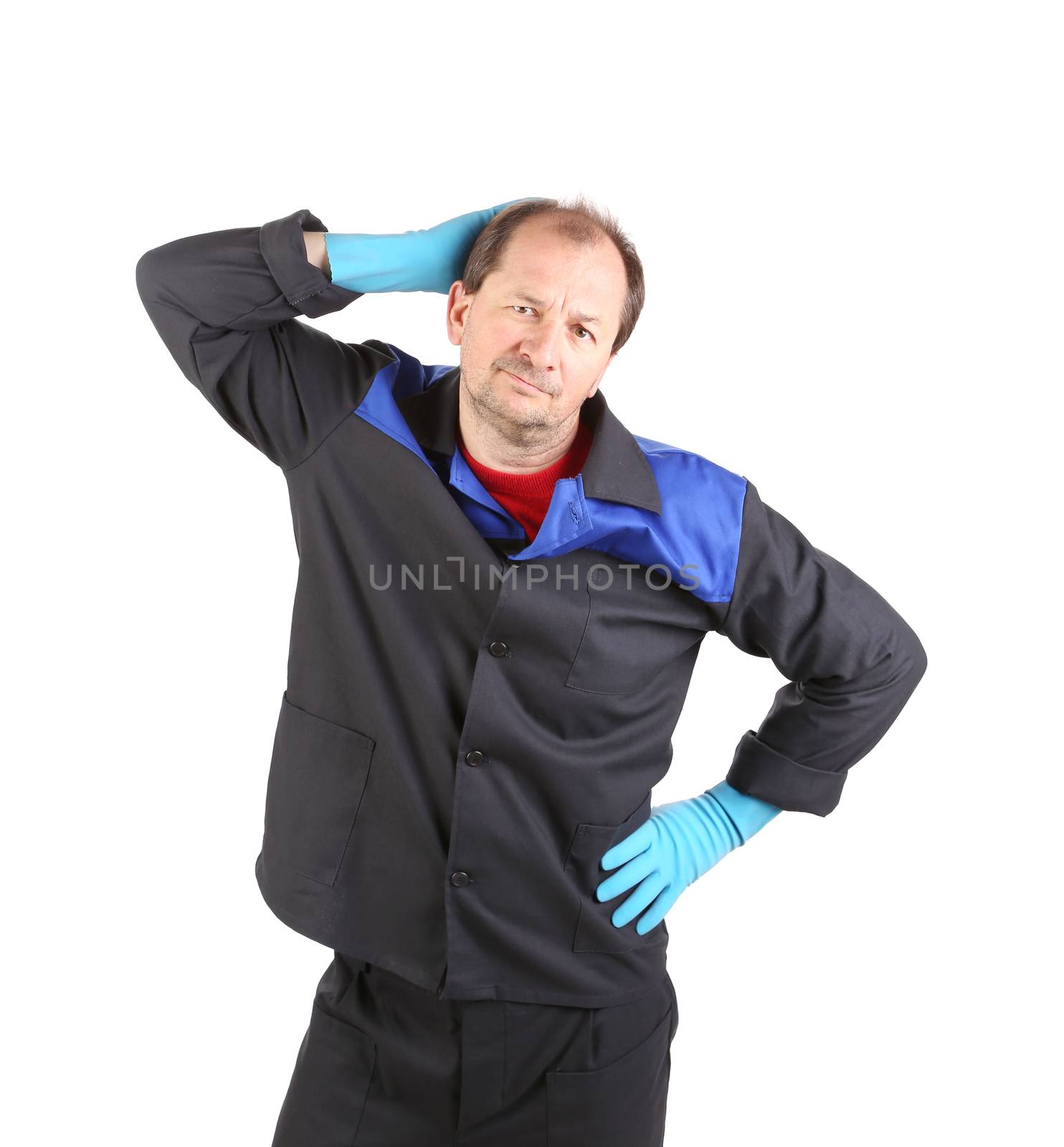 Tired cleaner man. Isolated on a white background.