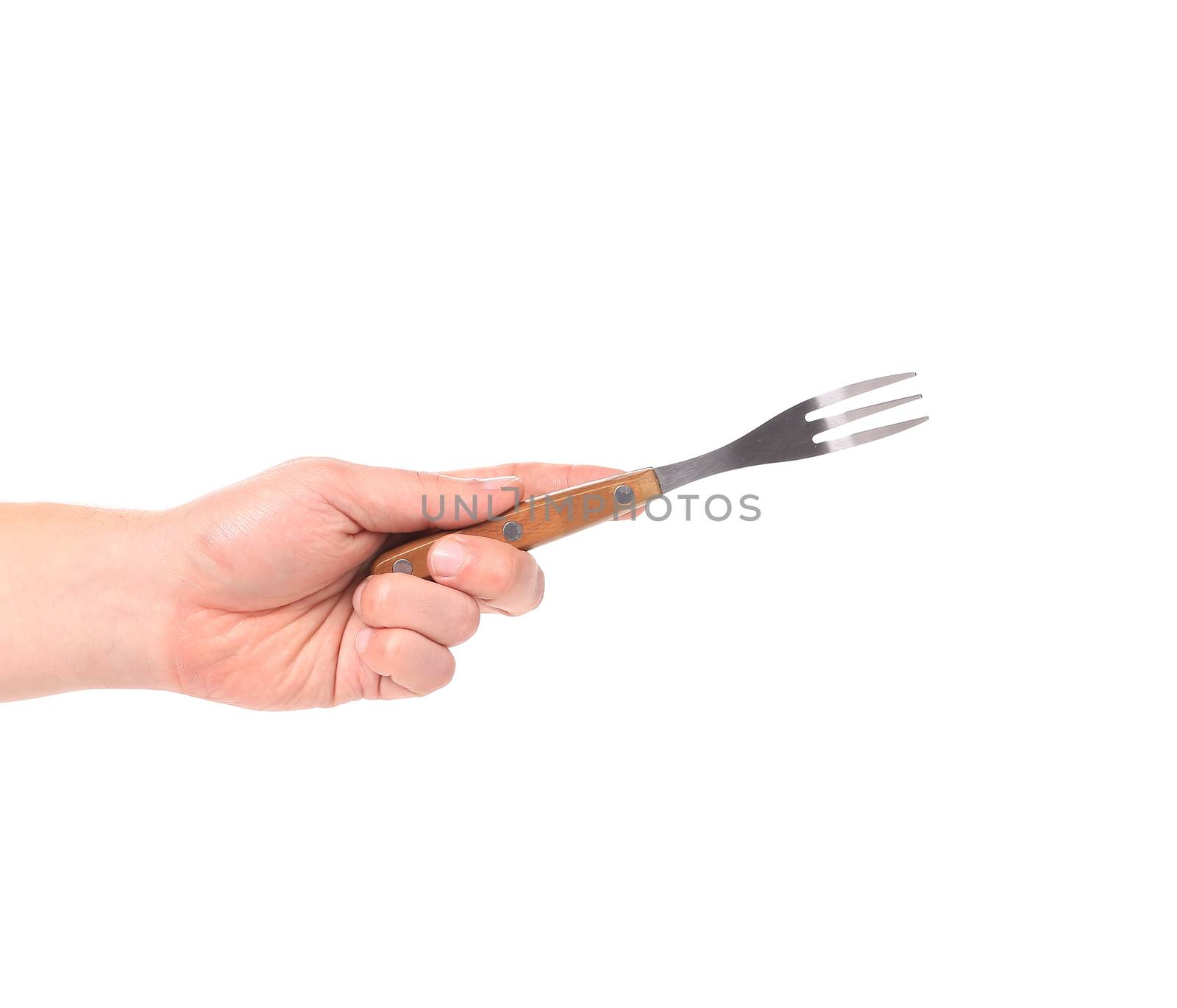 Hand holding fork. Isolated on a white background.