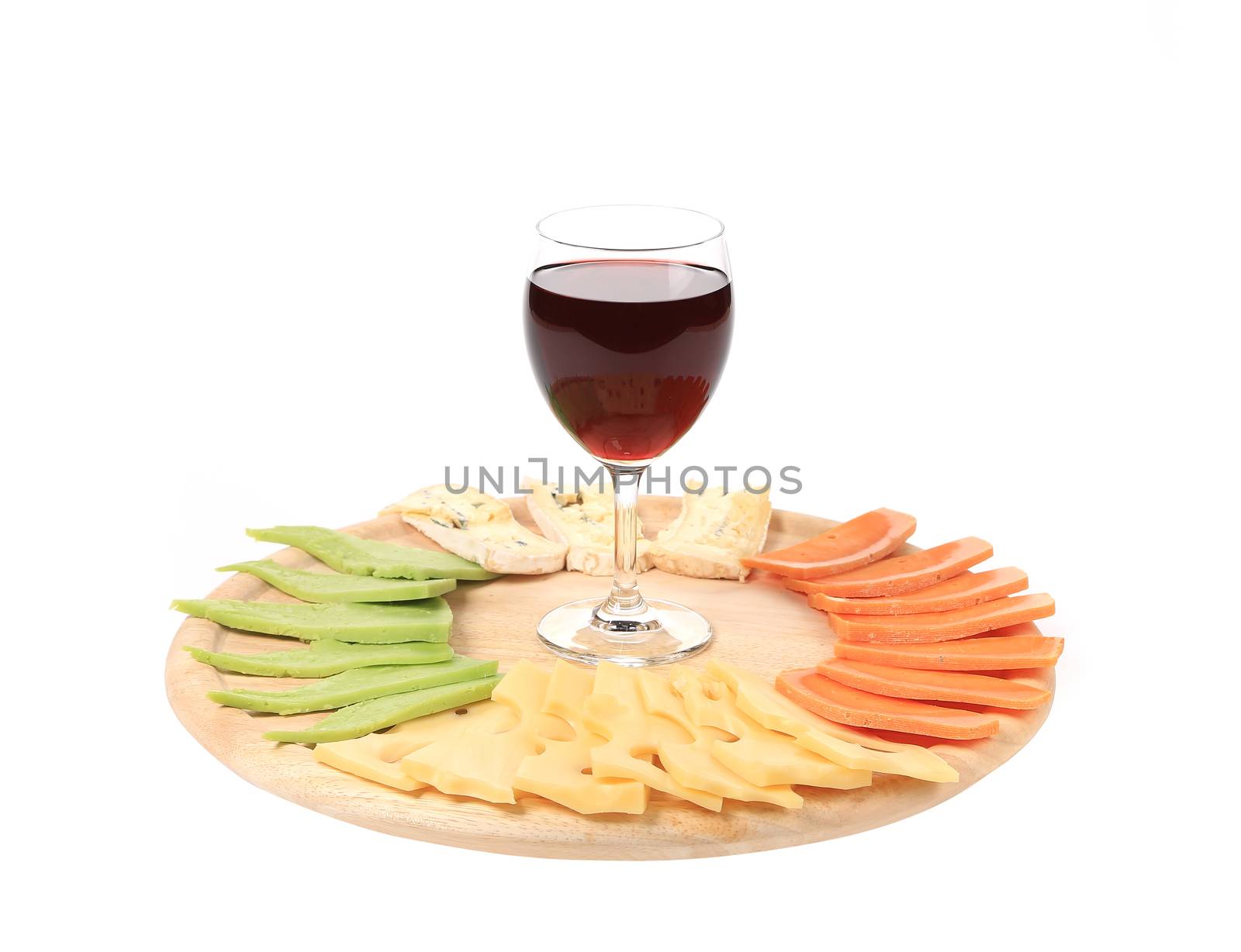 Red wine glass and cheese table. Isolated on a white background.