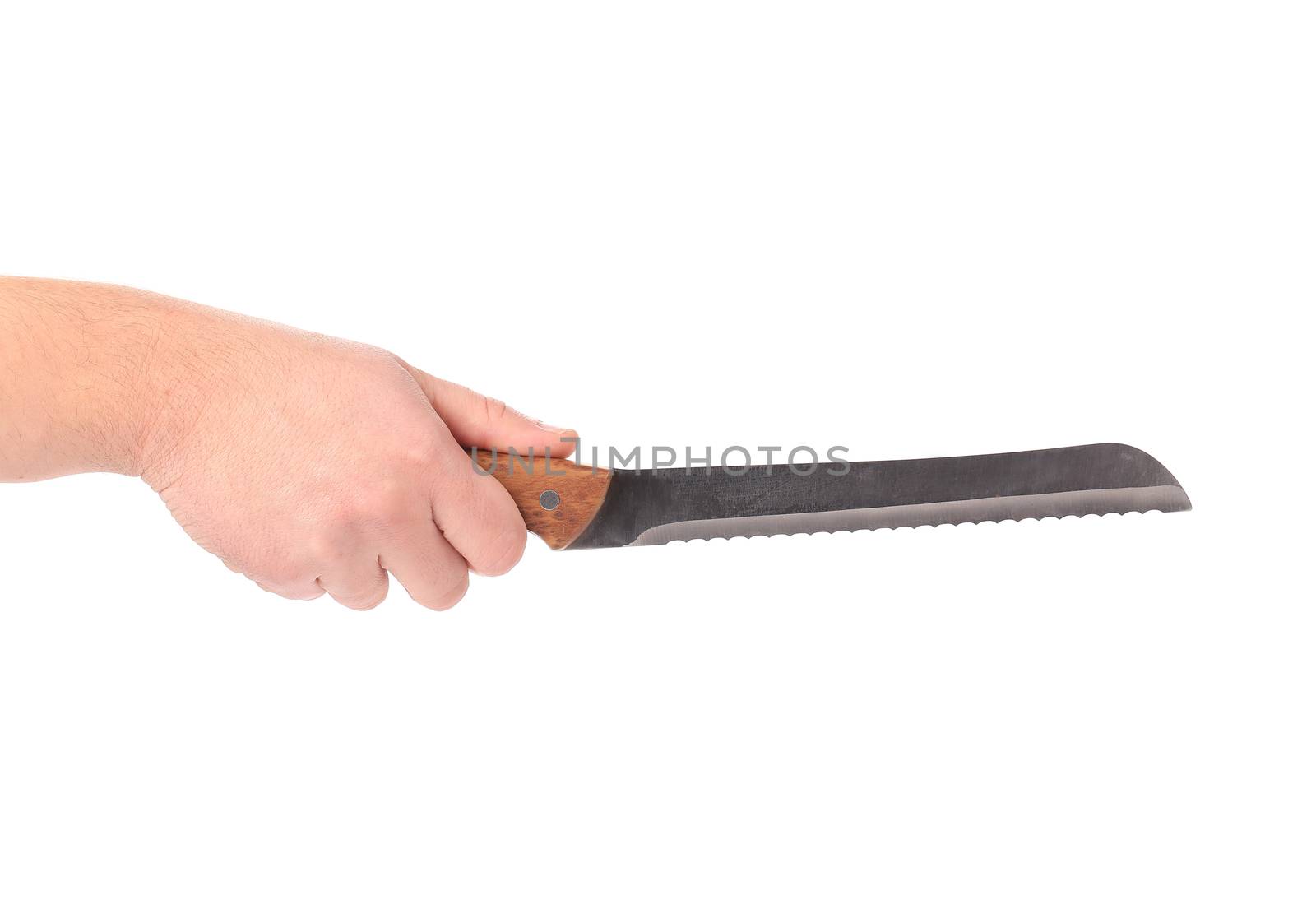 Hand holding high-quality bread knife. Isolated on a white background.