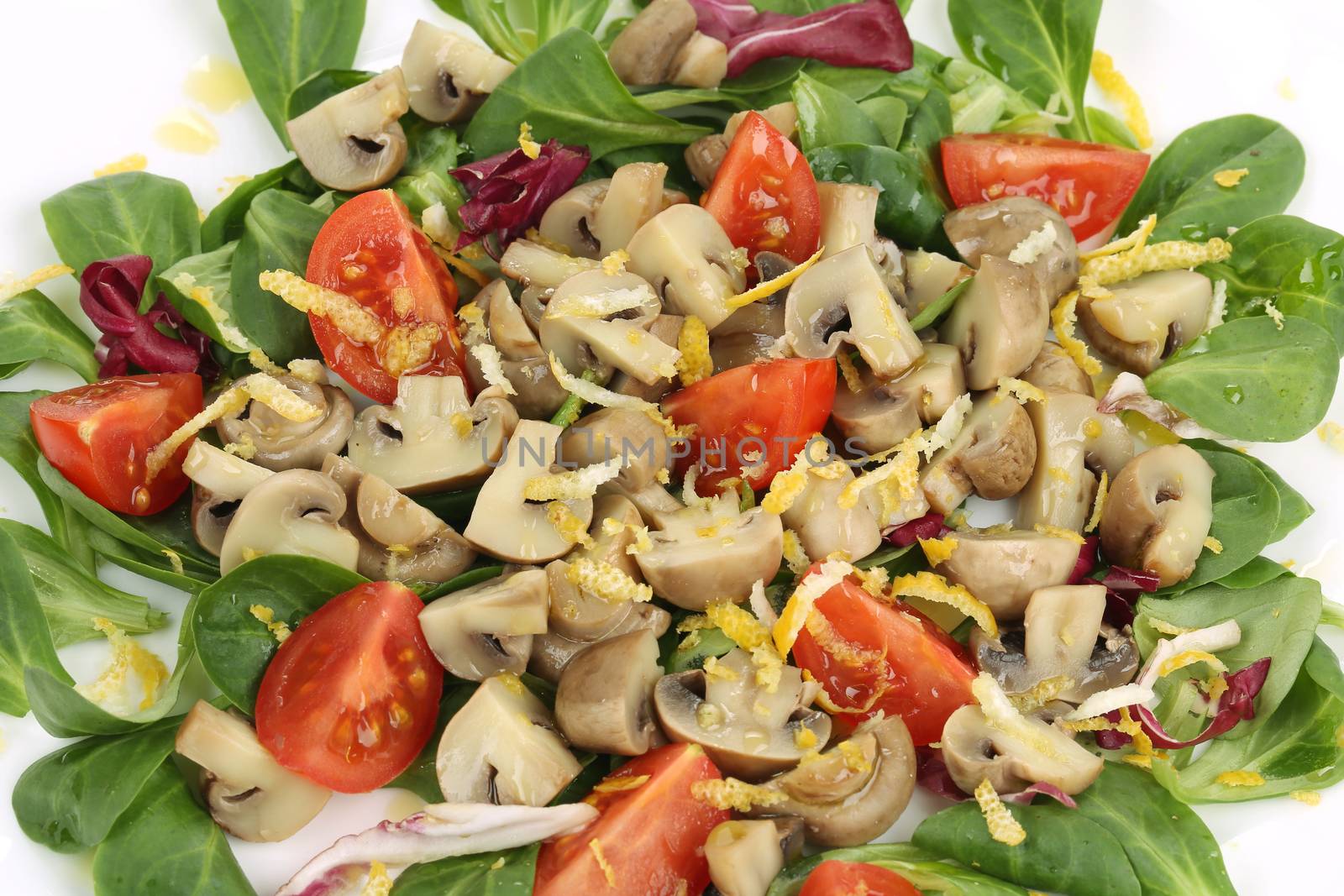 Mushroom salad with walnuts and tomatoes. Isolated on a white background.