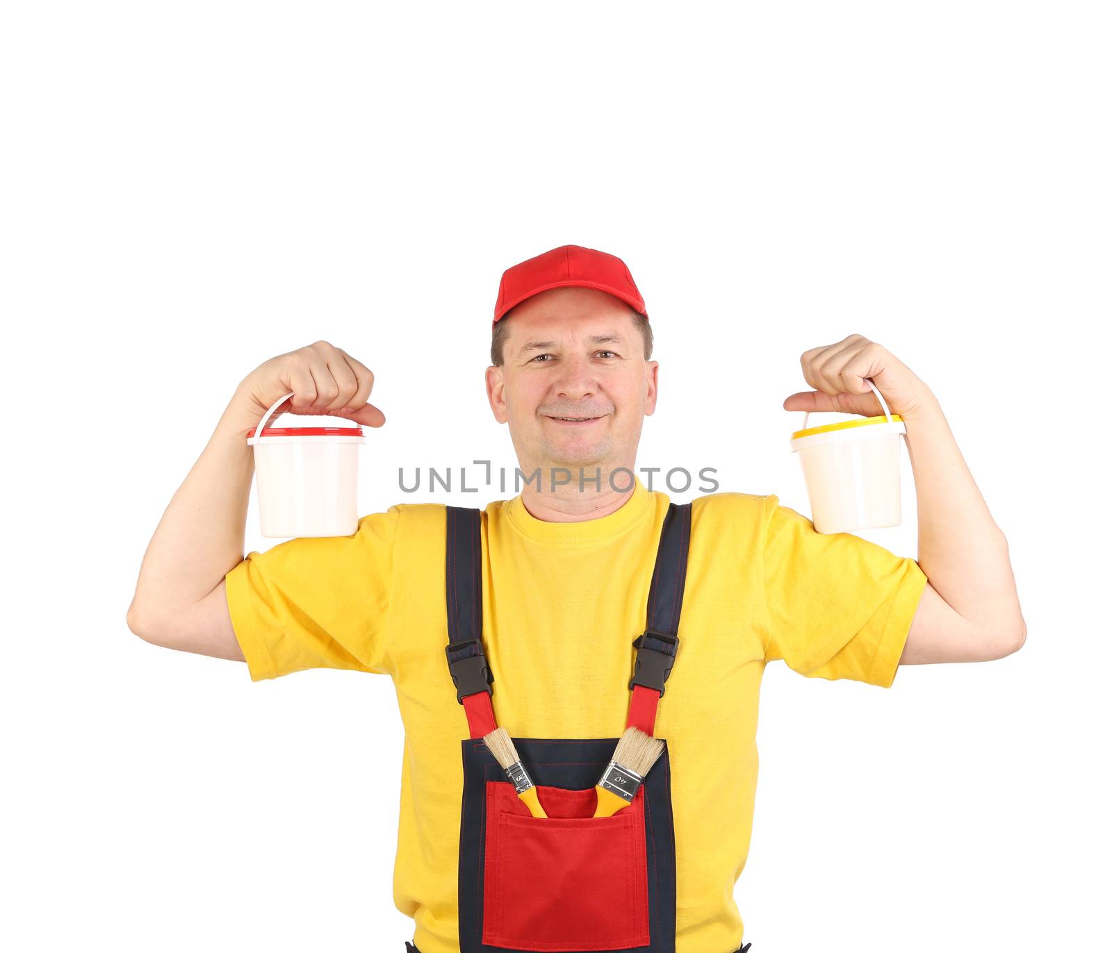 Strong man in working clothes. Isolated on a white background.