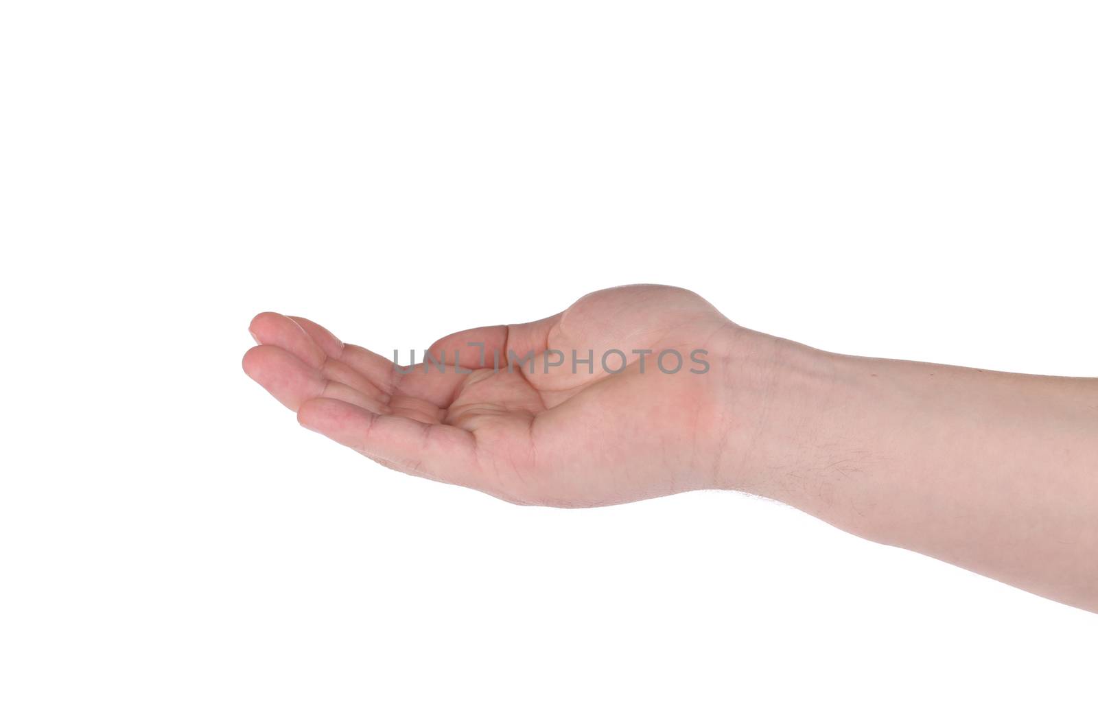 Open palm male hand gesture. Isolated on a white background.