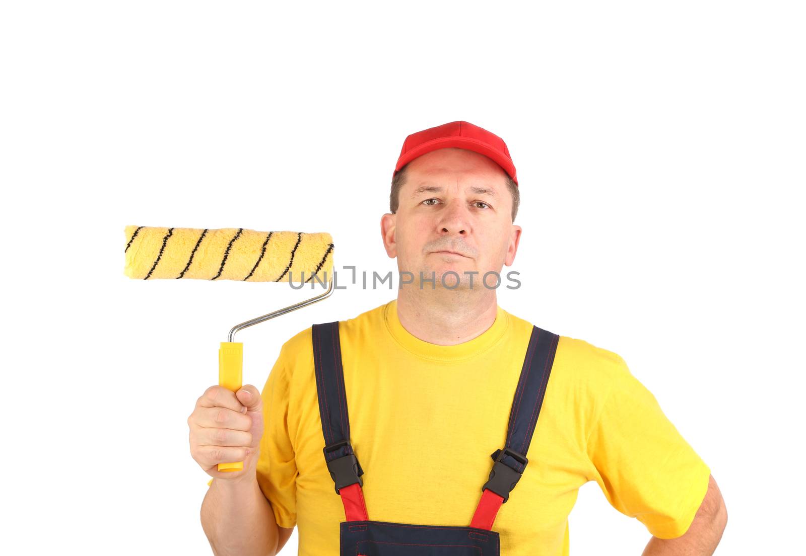 Confident worker with paint roll. Isolated on a white background.