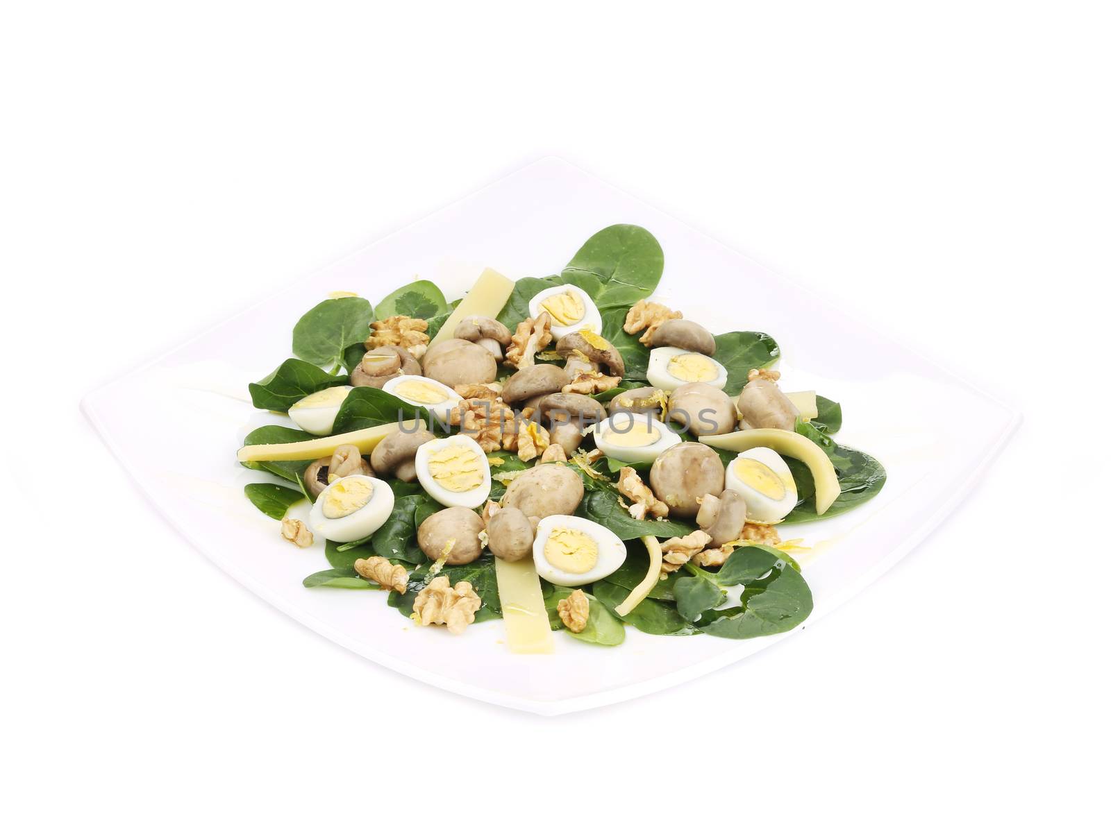 Mushroom salad with walnuts and parmesan. Isolated on a white background.