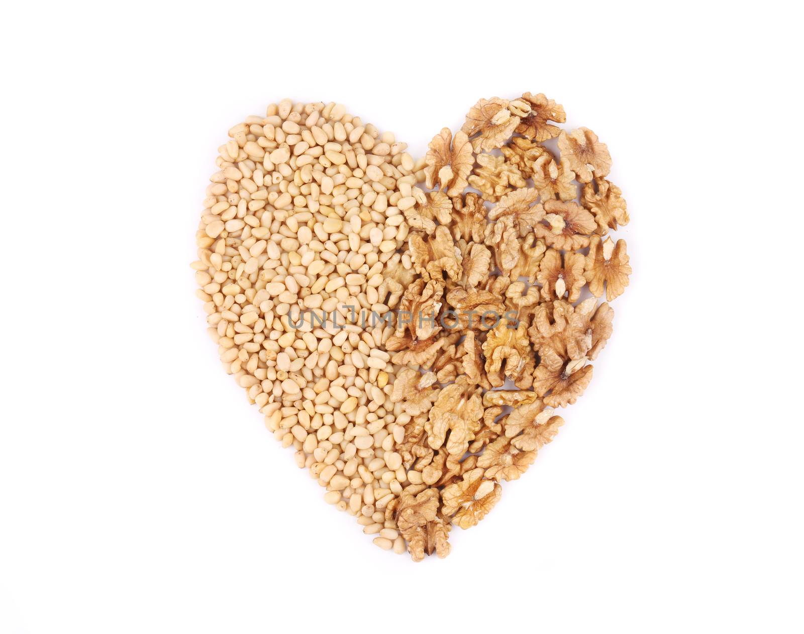 Heart of the pine nuts and walnuts. Isolated on a white background.