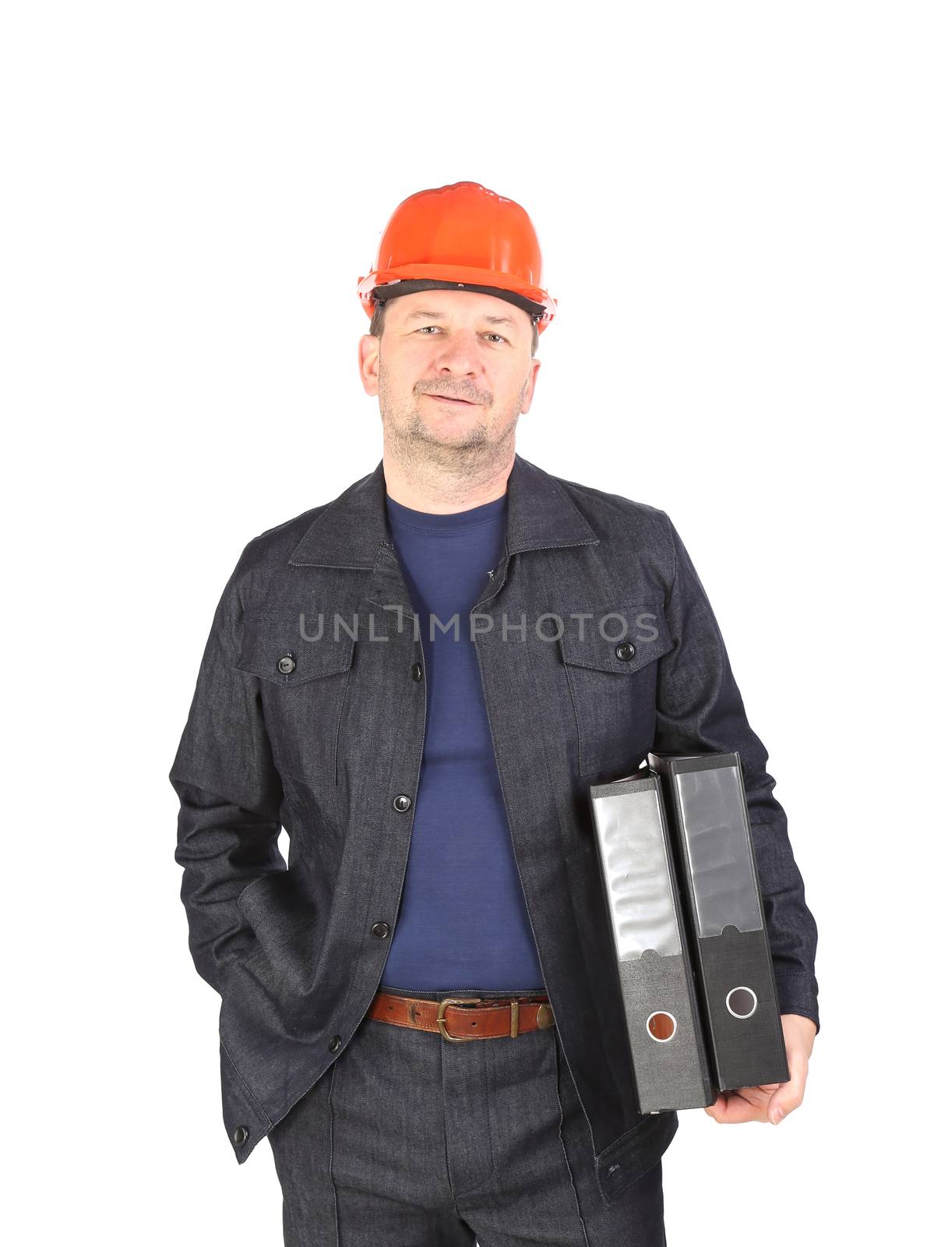 Engineer holding folders. Isolated on a white background.