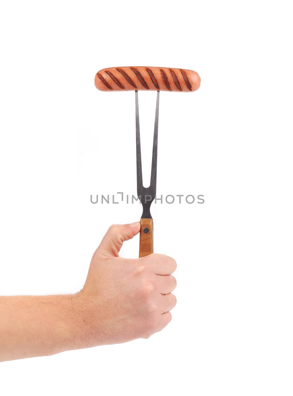 Hand holding barbecue fork. Isolated on a white background.