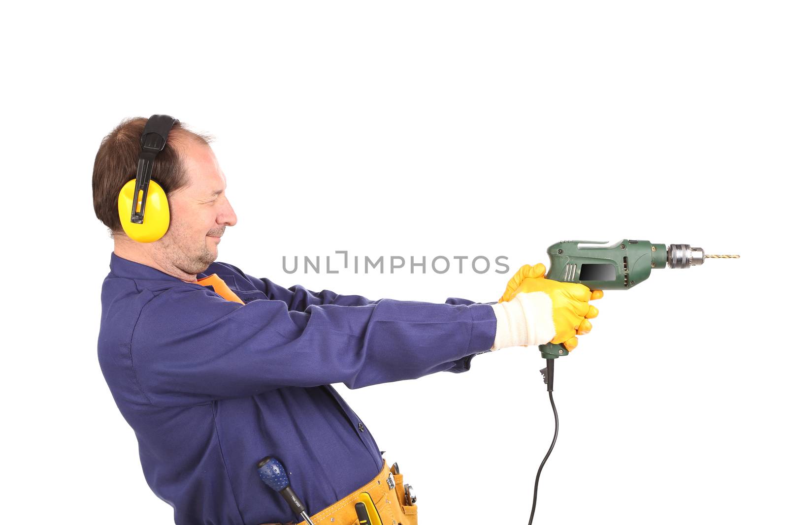 Worker in ear muffs and glasses with drill. by indigolotos