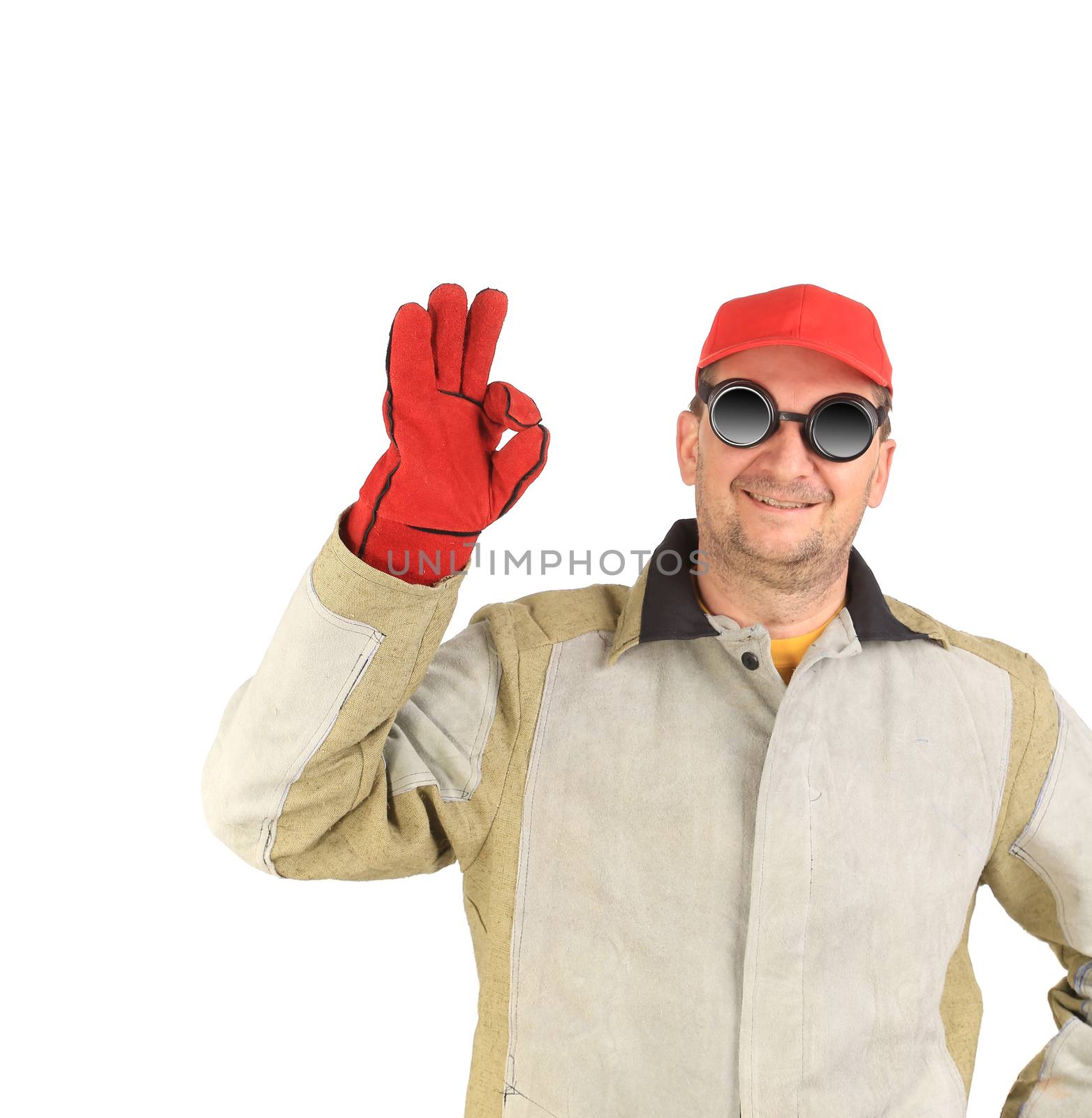 Laughing welder showing okay sign. Isolated on a white background.