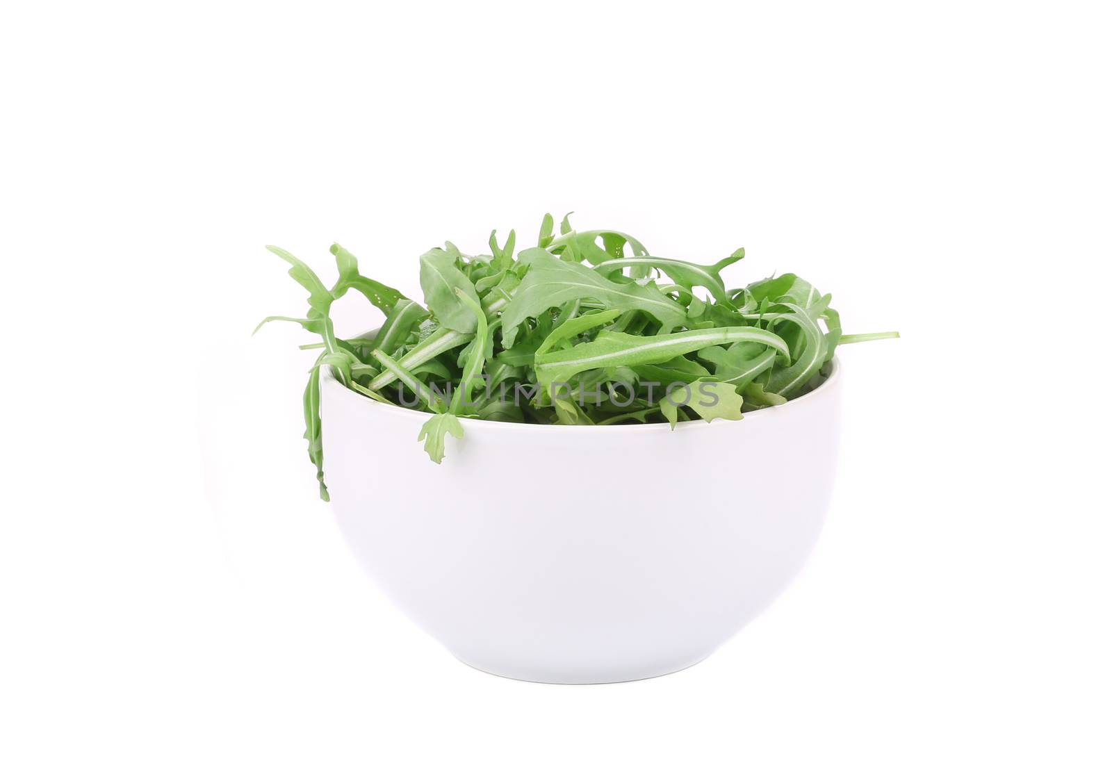 Fresh arugula in white bowl. by indigolotos