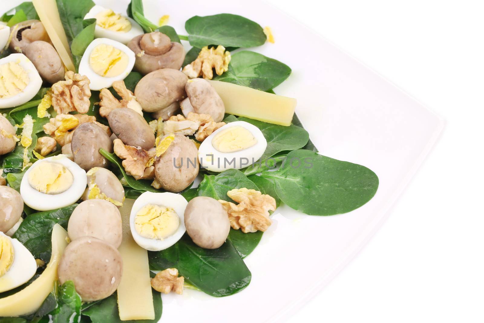 Mushroom salad with walnuts and parmesan. Isolated on a white background.