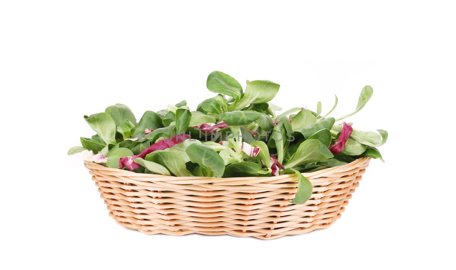 Spinach and radicchio rosso mix on wicker basket. Isolated on a white background.