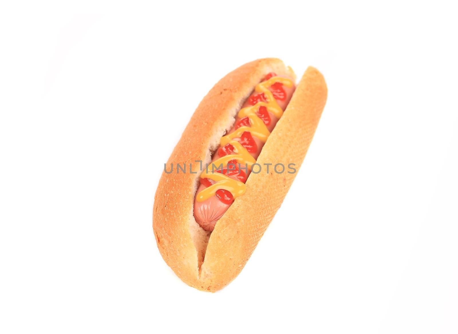 Delicious hot dog with mustard and ketchup. Isolated on a white background.
