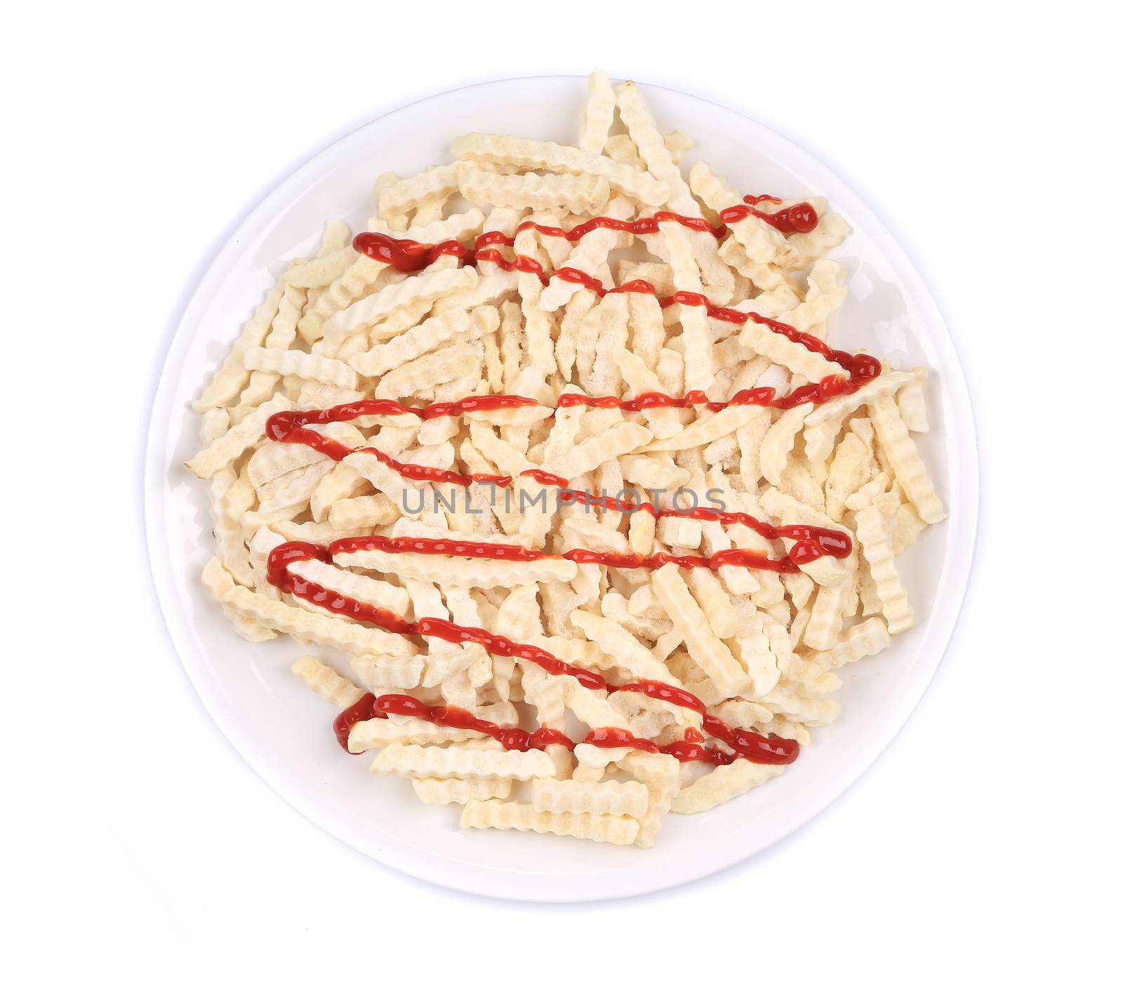 French fries with ketchup on plate. Isolated on a white background.