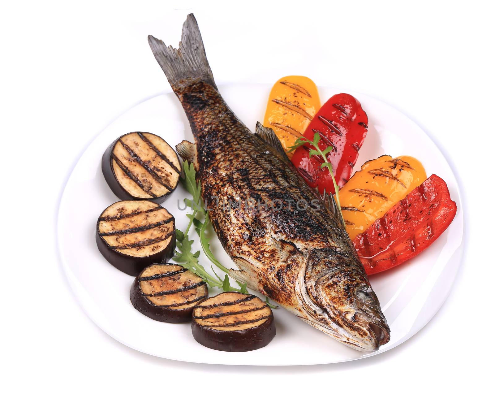 Grilled seabass fish with vegetables. Isolated on a white background.