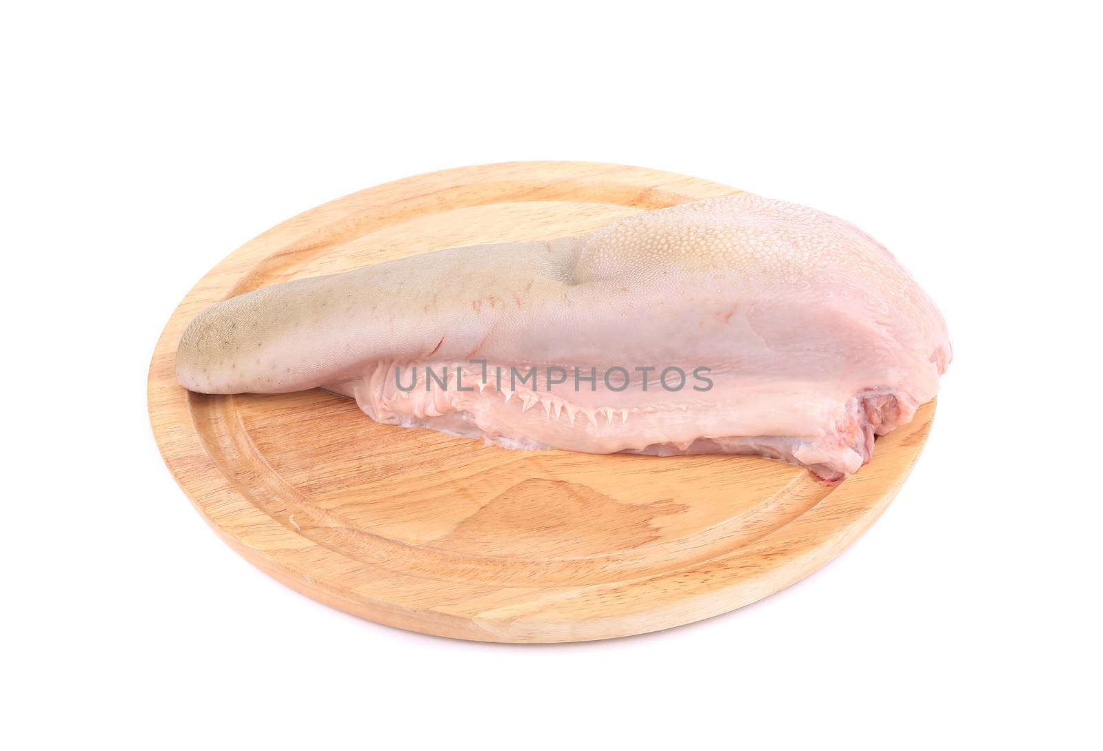 Raw cow tongue on platter. Isolated on a white background.