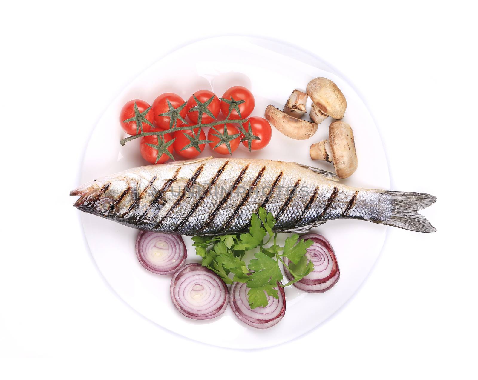 Grilled seabass with fresh vegetables. Isolated on a white background.