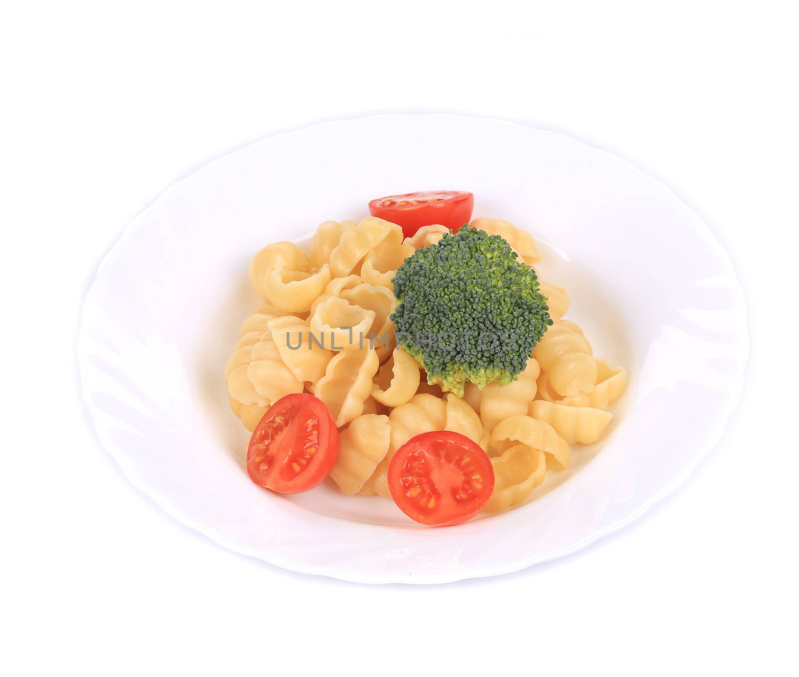 Tasty itlaian pasta gnocchi with broccoli. Isolated on a white background.