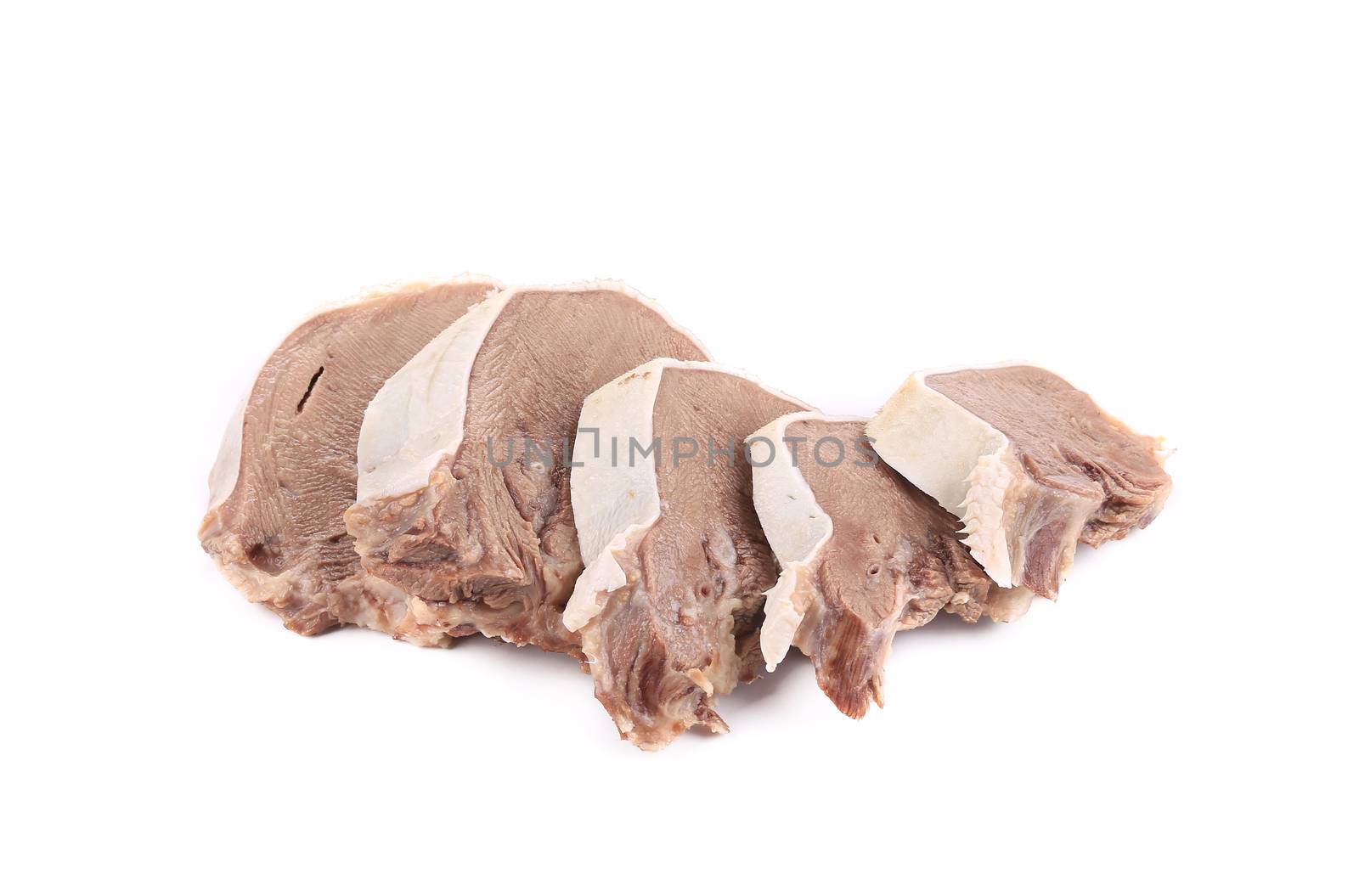 Raw chopped cow tongue. Isolated on a white background.