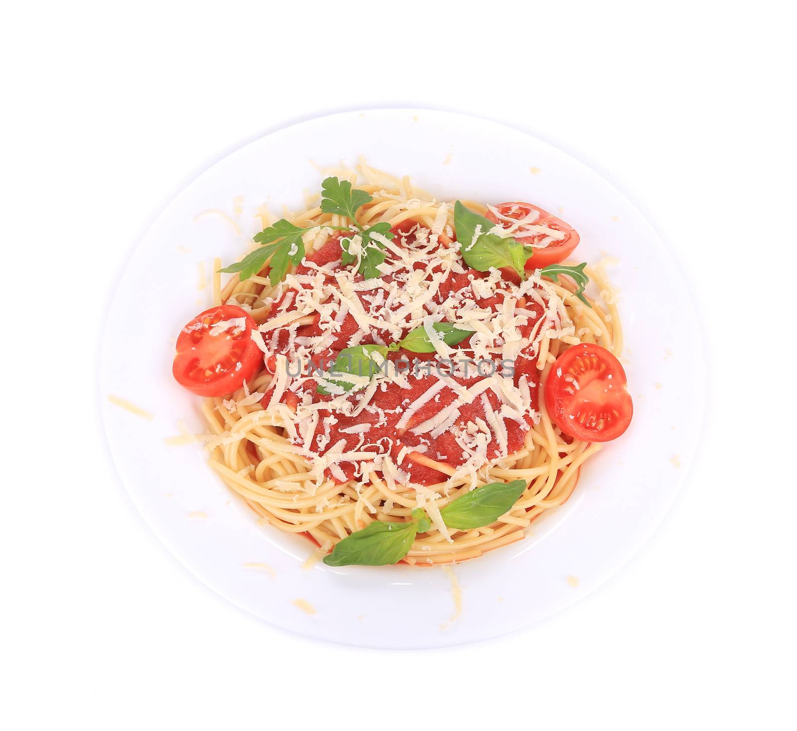 Delicious italian pasta with herbs and parmesan. Isolated on a white background.