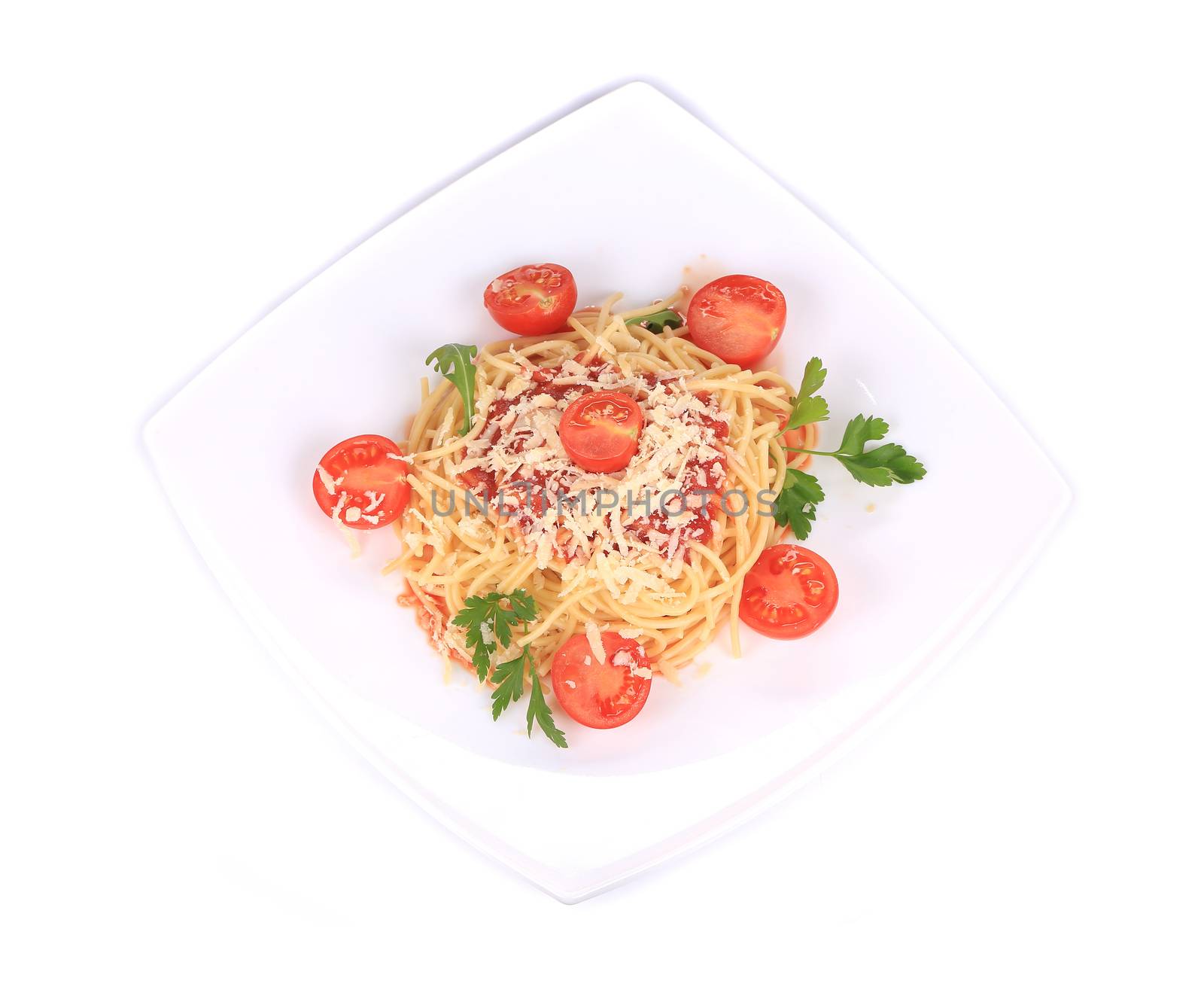 Italian pasta with herbs and parmesan. Isolated on a white background.