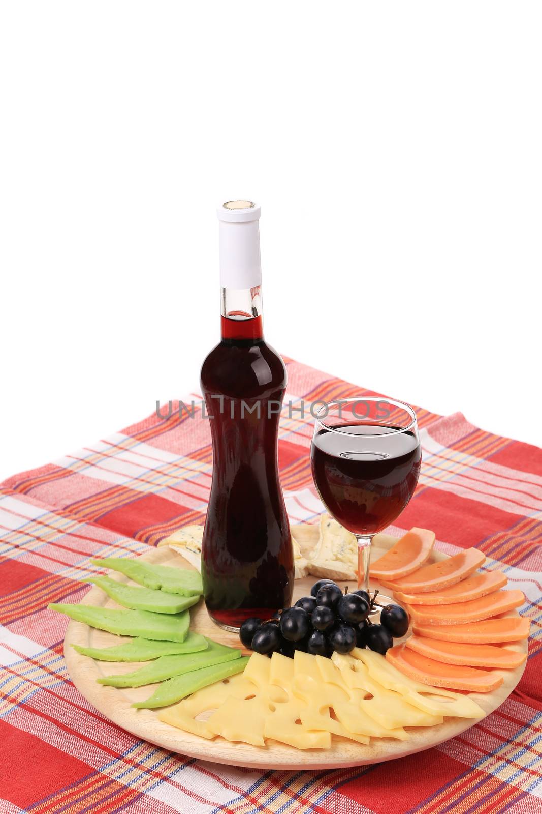 Red wine and cheese. Isolated on a white background.