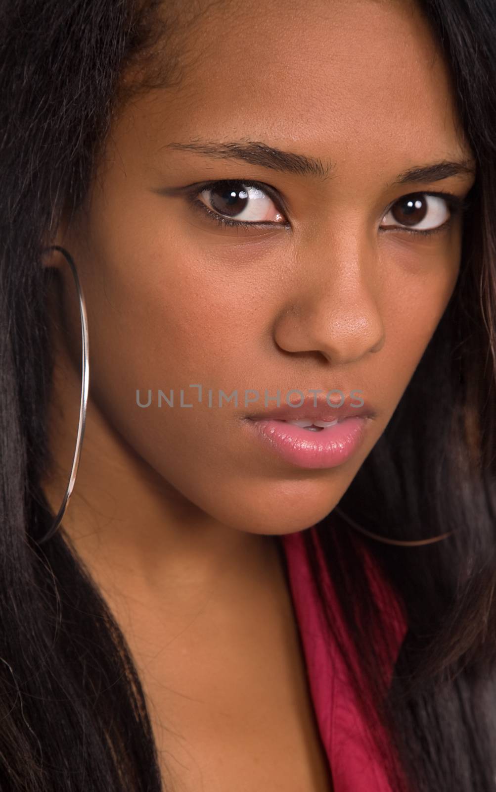 young beautiful woman closeup portrait, isolated on white