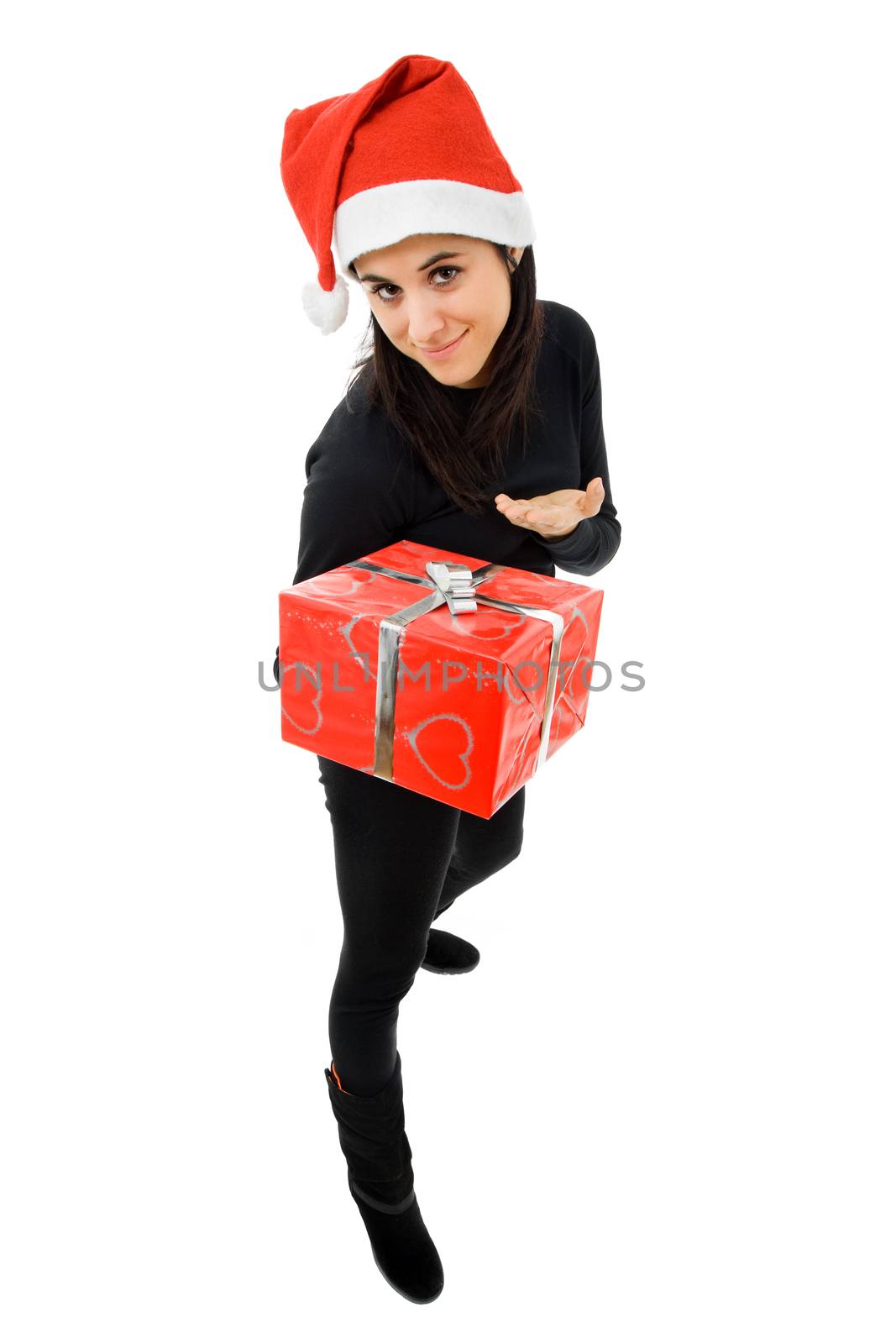 beautiful young girl holding a christmas gift, isolated