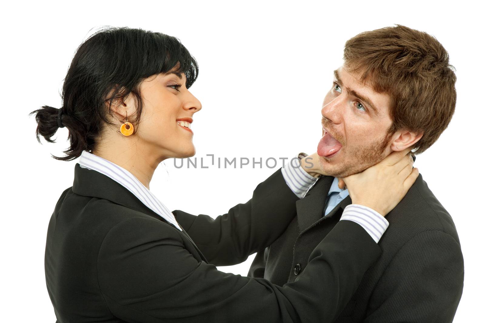 A business couple fighting isolated on white