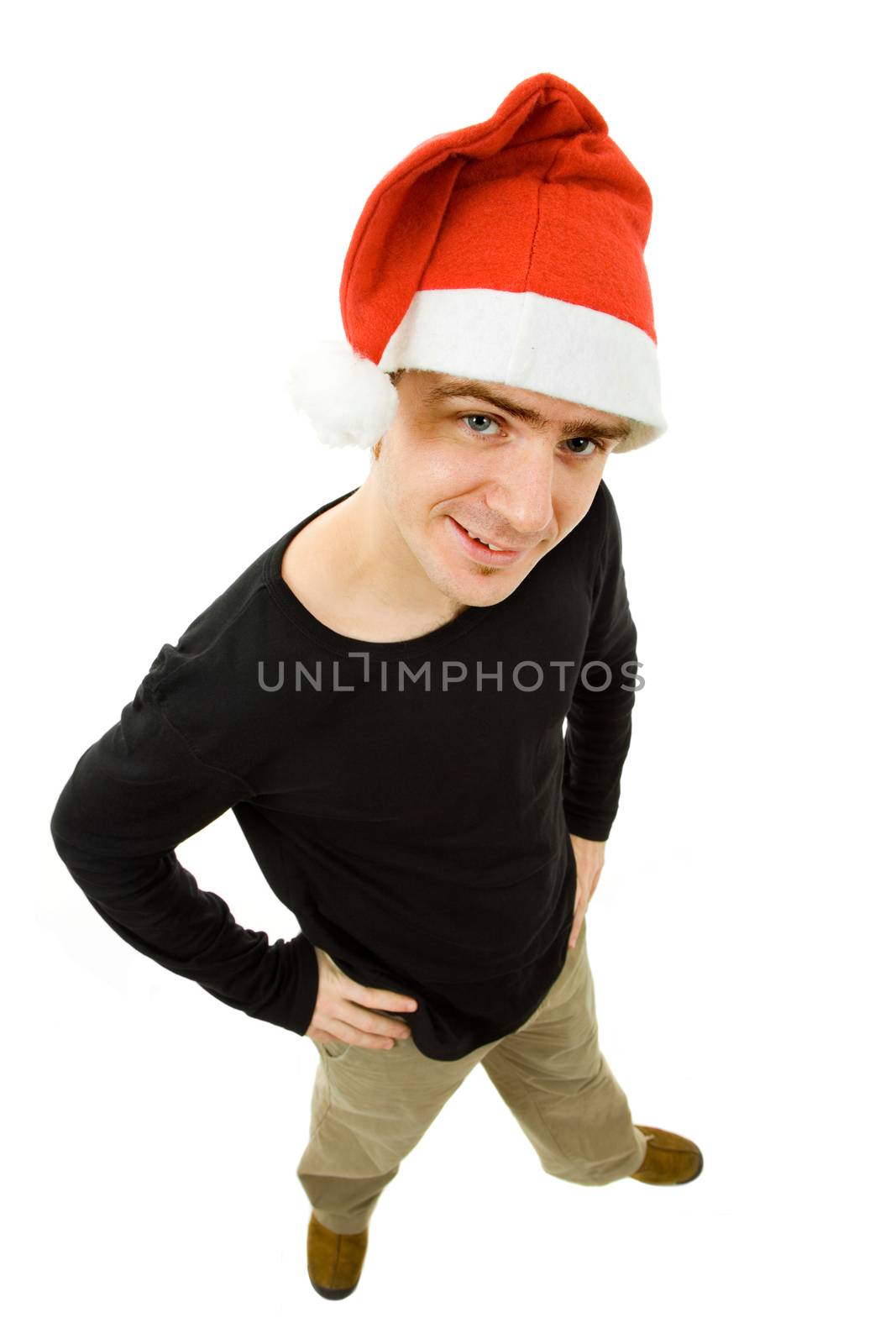 young casual man full body with a santa hat