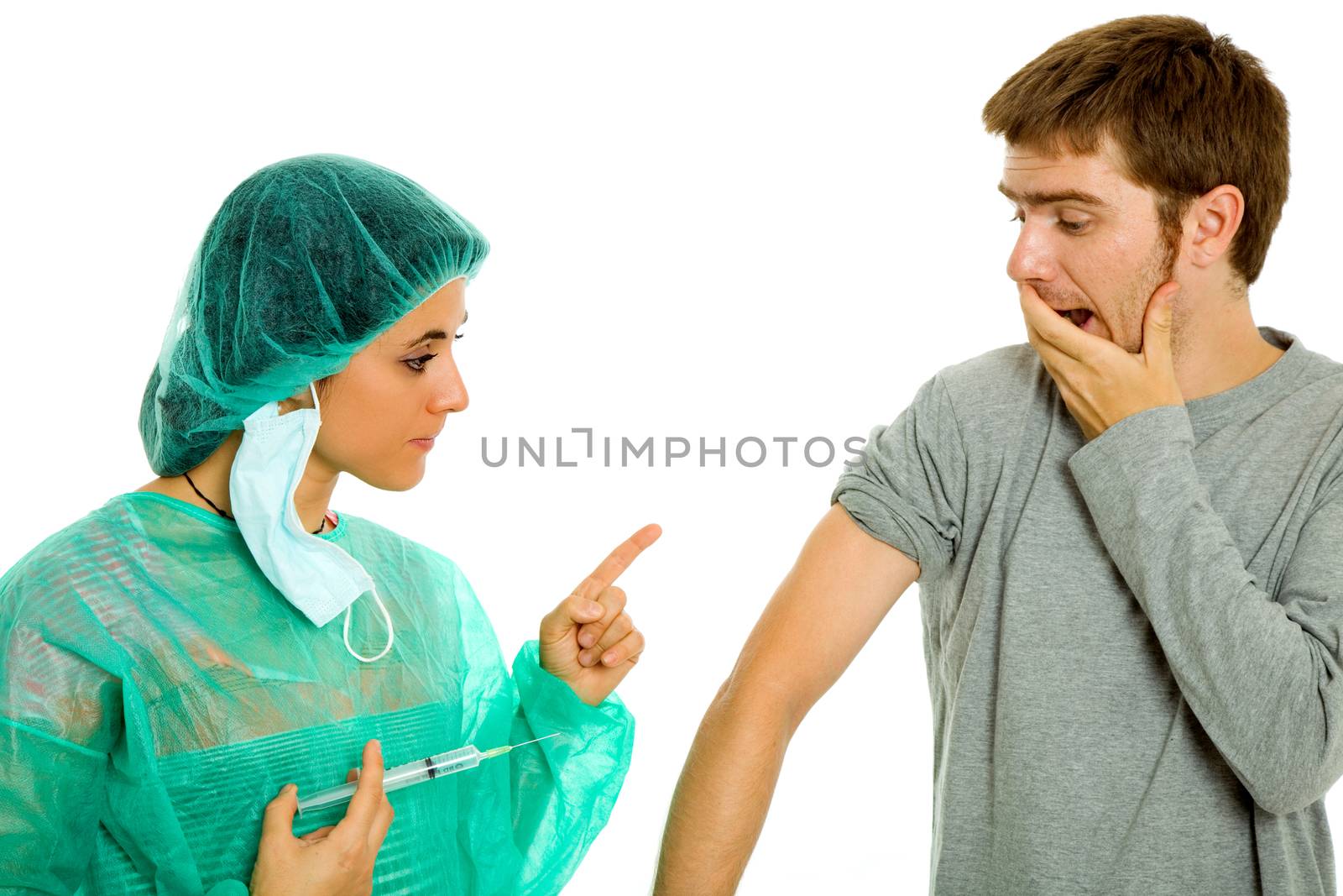 young woman nurse with a syringe and a male patient