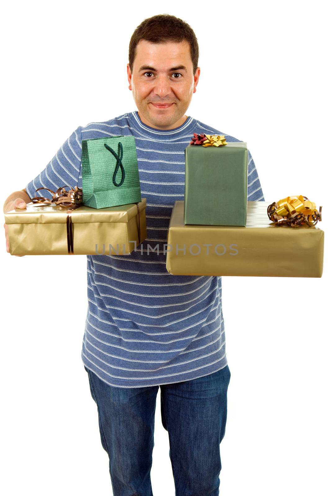 young casual man holding a few gifts, isolated