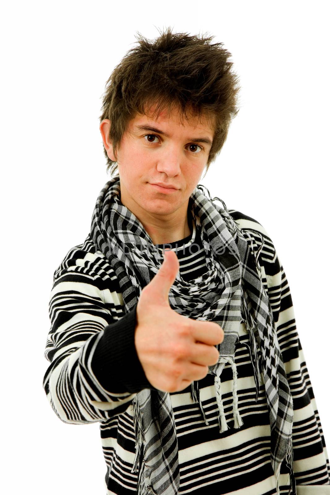 casual young man going thumb up, isolated on white