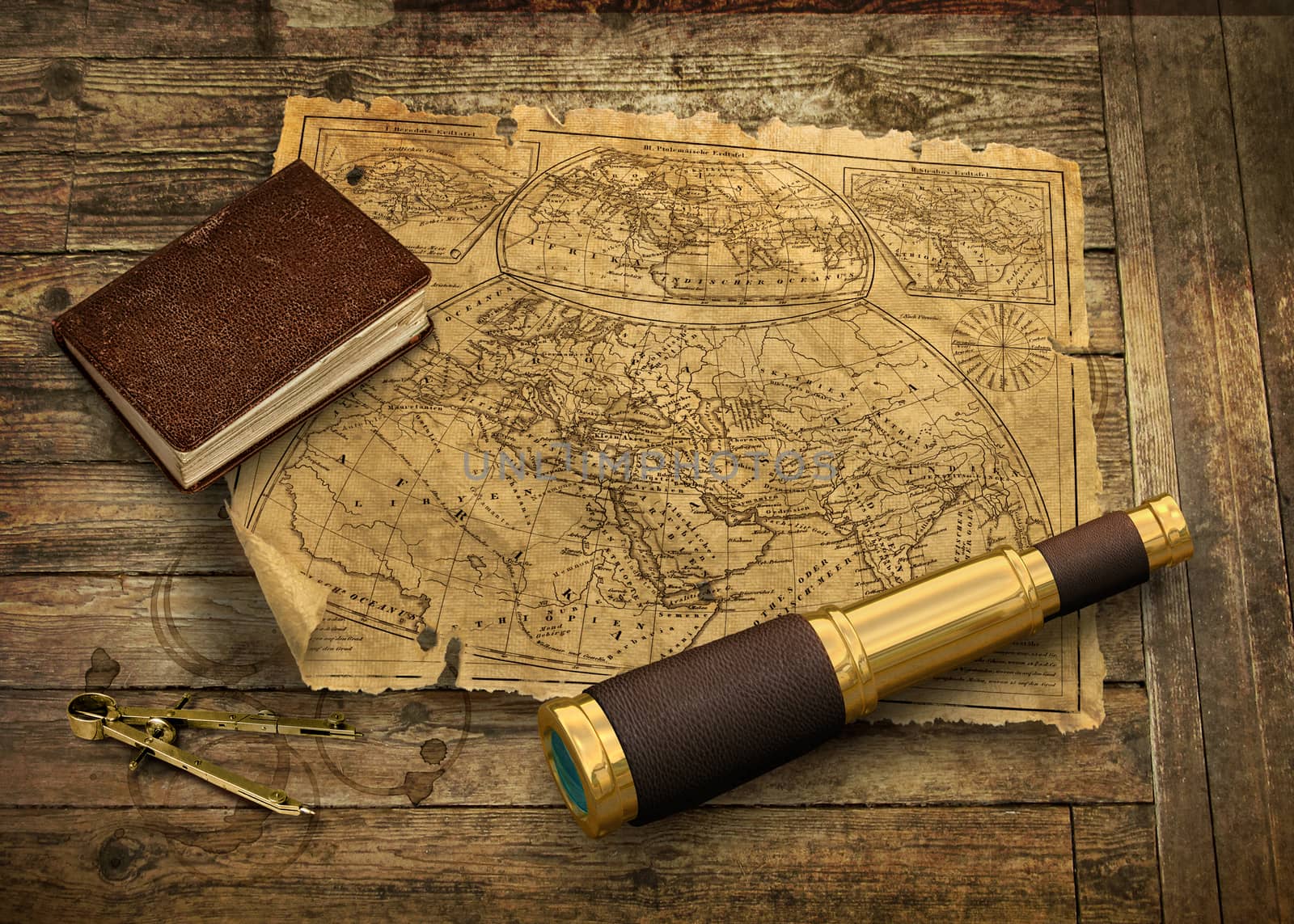 Old world map with telescope by anterovium