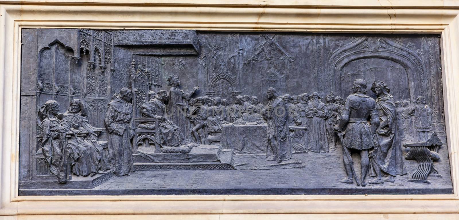1492 Isabella and Ferdinand in Court with Colombus Bronze Statue Andalusia Granada Spain.  Statue made in 1892 in Rome.  