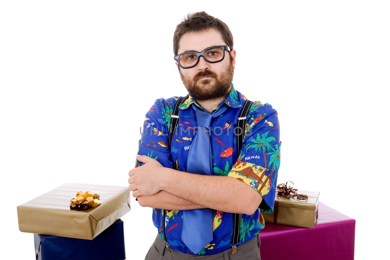 happy silly salesman with some boxes, isolated on white