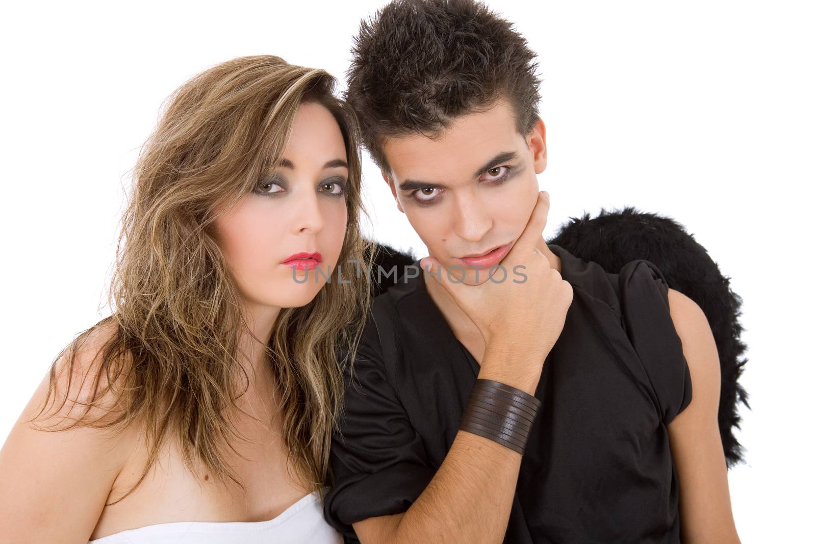 teen couple playing as actors on white background